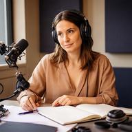 Marta L., productora creativa, revisando un guion de podcast en la sala de producción