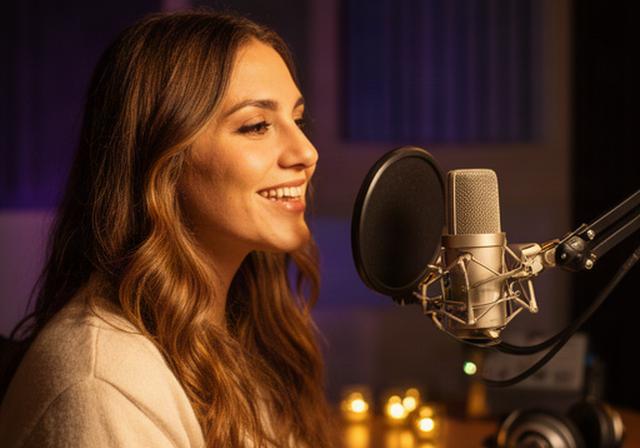 Creadora hablando ante un micrófono profesional en un estudio de podcast con luces cálidas